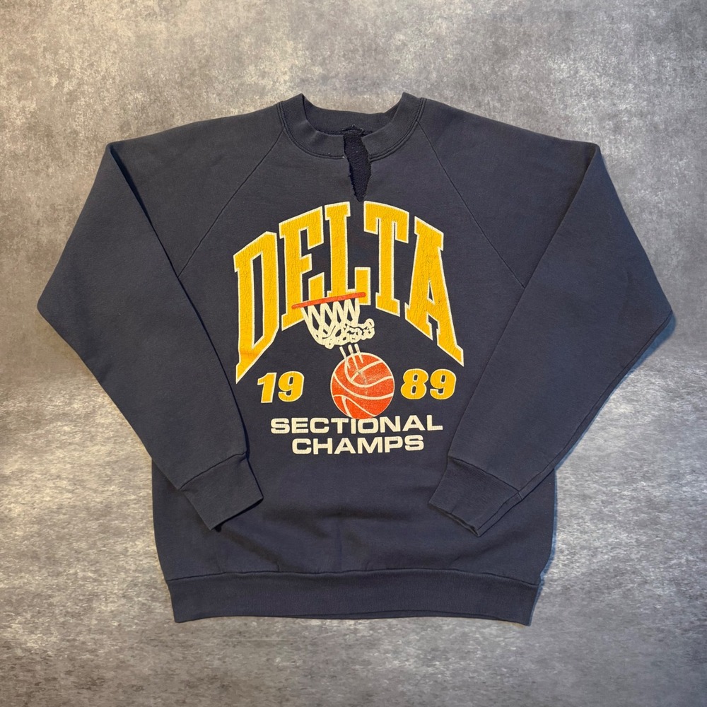 Vtg 1989 Delta Basketball Sweatshirt Mens L Navy Blue Raglan Custom Split Neck